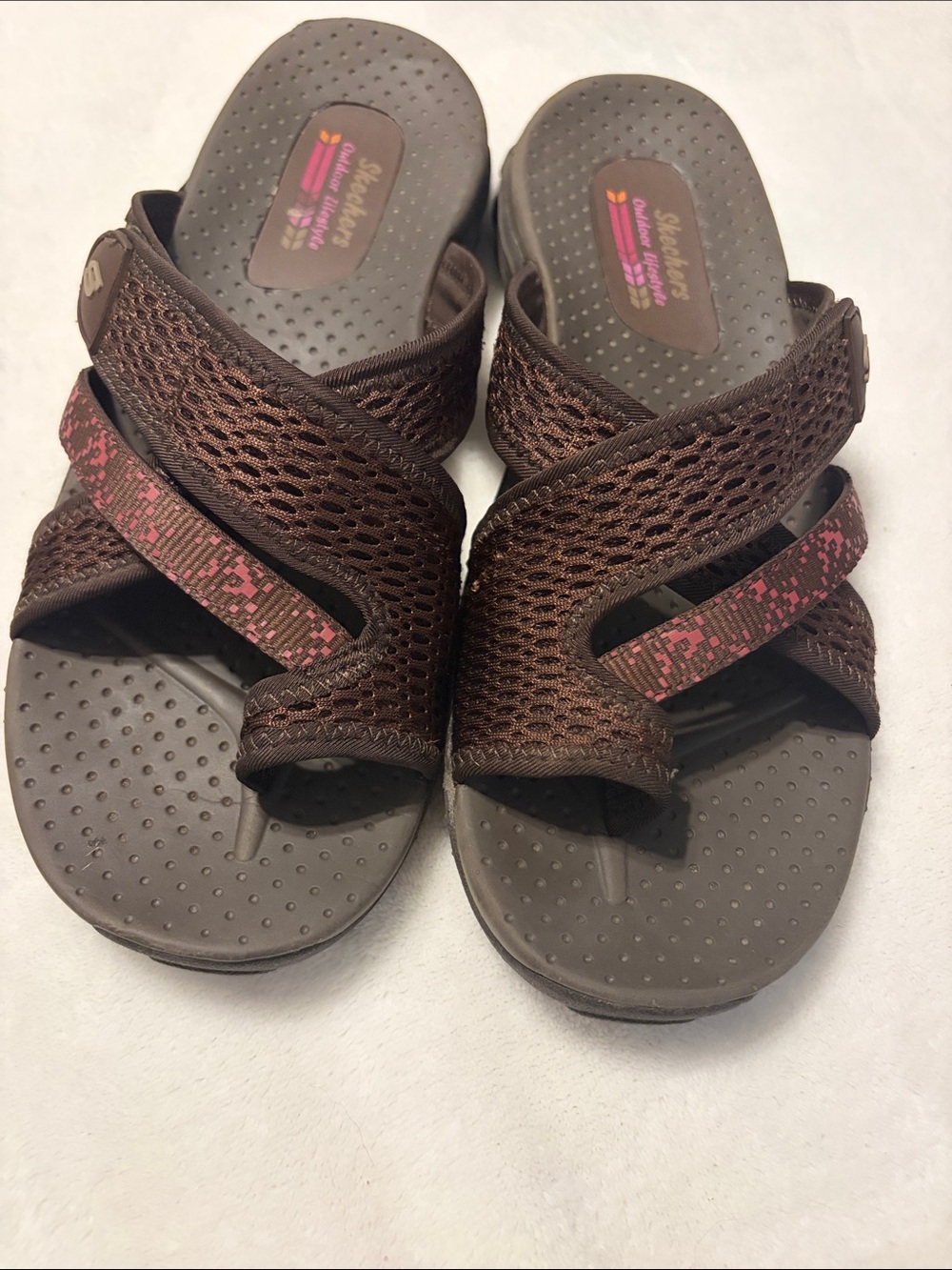 Skechers Comfort Mesh Slide Sandals in Brown and Pink